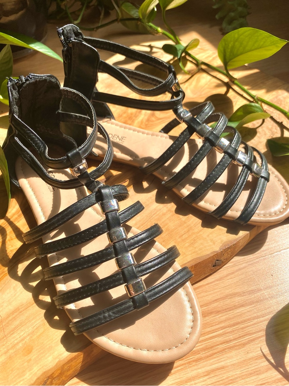 Black Strappy Gladiator Sandals Silver Accents Summer Boho Coastal Travel Beach